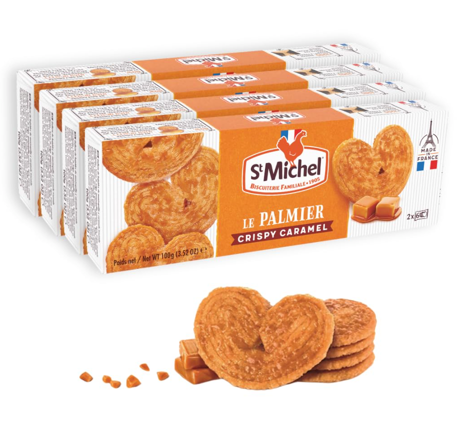 St Michel Caramel Palmiers Biscuits Made In France, pack of 4 (100g each) Non-GMO. Total of 48 Crunchy Caramel glazed Puff Pastry Butter Biscuits