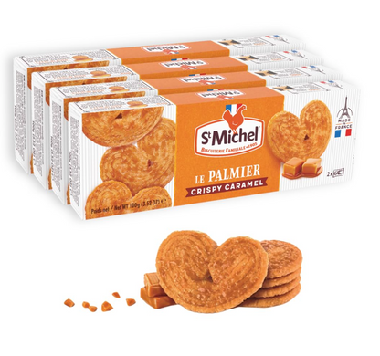 St Michel Caramel Palmiers Biscuits Made In France, pack of 4 (100g each) Non-GMO. Total of 48 Crunchy Caramel glazed Puff Pastry Butter Biscuits