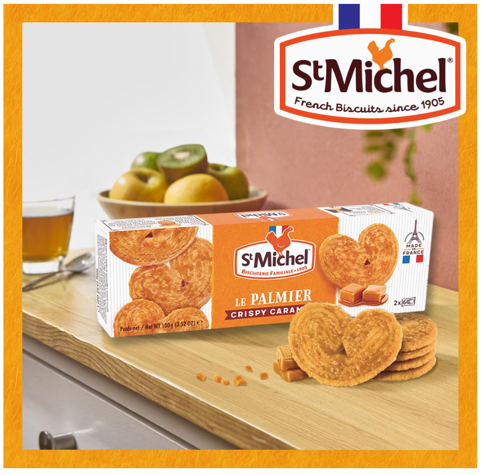 St Michel Caramel Palmiers Biscuits Made In France, pack of 4 (100g each) Non-GMO. Total of 48 Crunchy Caramel glazed Puff Pastry Butter Biscuits