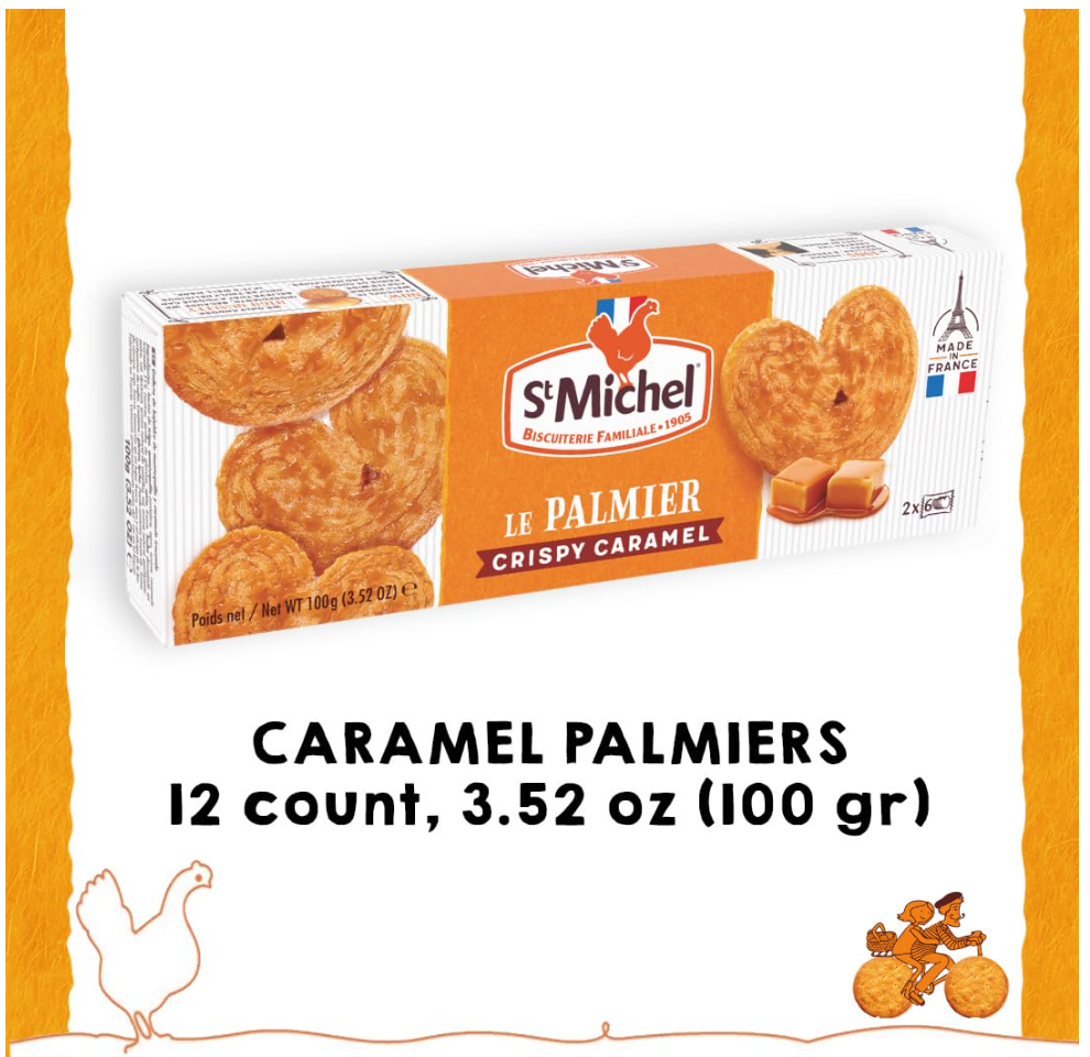 St Michel Caramel Palmiers Biscuits Made In France, pack of 4 (100g each) Non-GMO. Total of 48 Crunchy Caramel glazed Puff Pastry Butter Biscuits