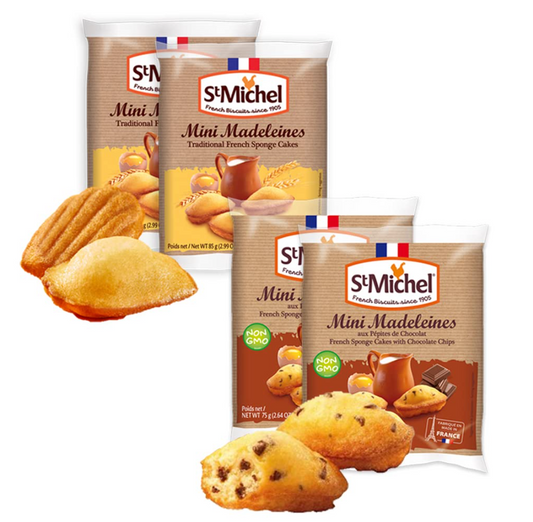 St Michel Traditional Mini Madeleines + Mini Chocolate Chip Madeleines French Sponge Cakes Made in France, 2 packs of each (175g each) Non-GMO.