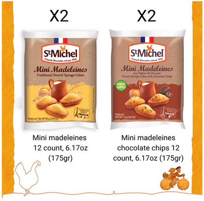 St Michel Traditional Mini Madeleines + Mini Chocolate Chip Madeleines French Sponge Cakes Made in France, 2 packs of each (175g each) Non-GMO.